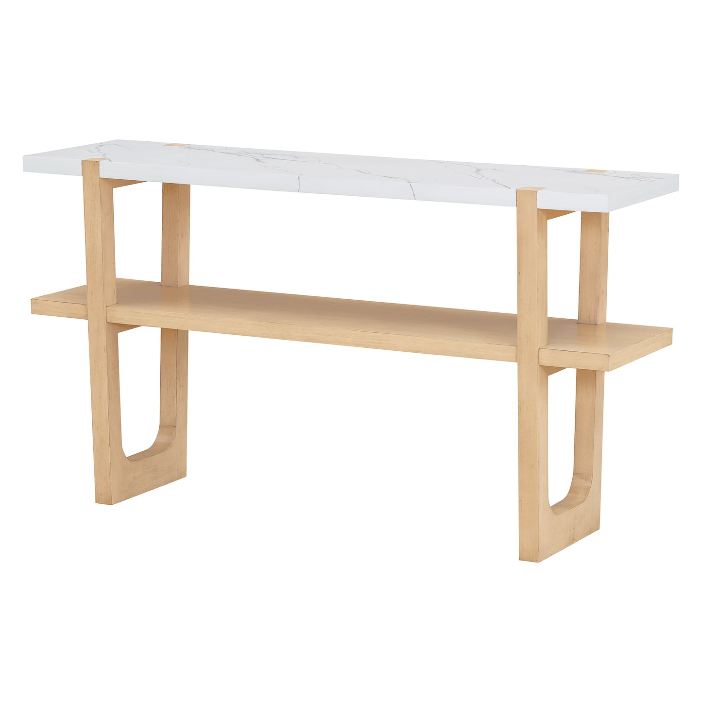 Modern console table with white marble top and light wood frame