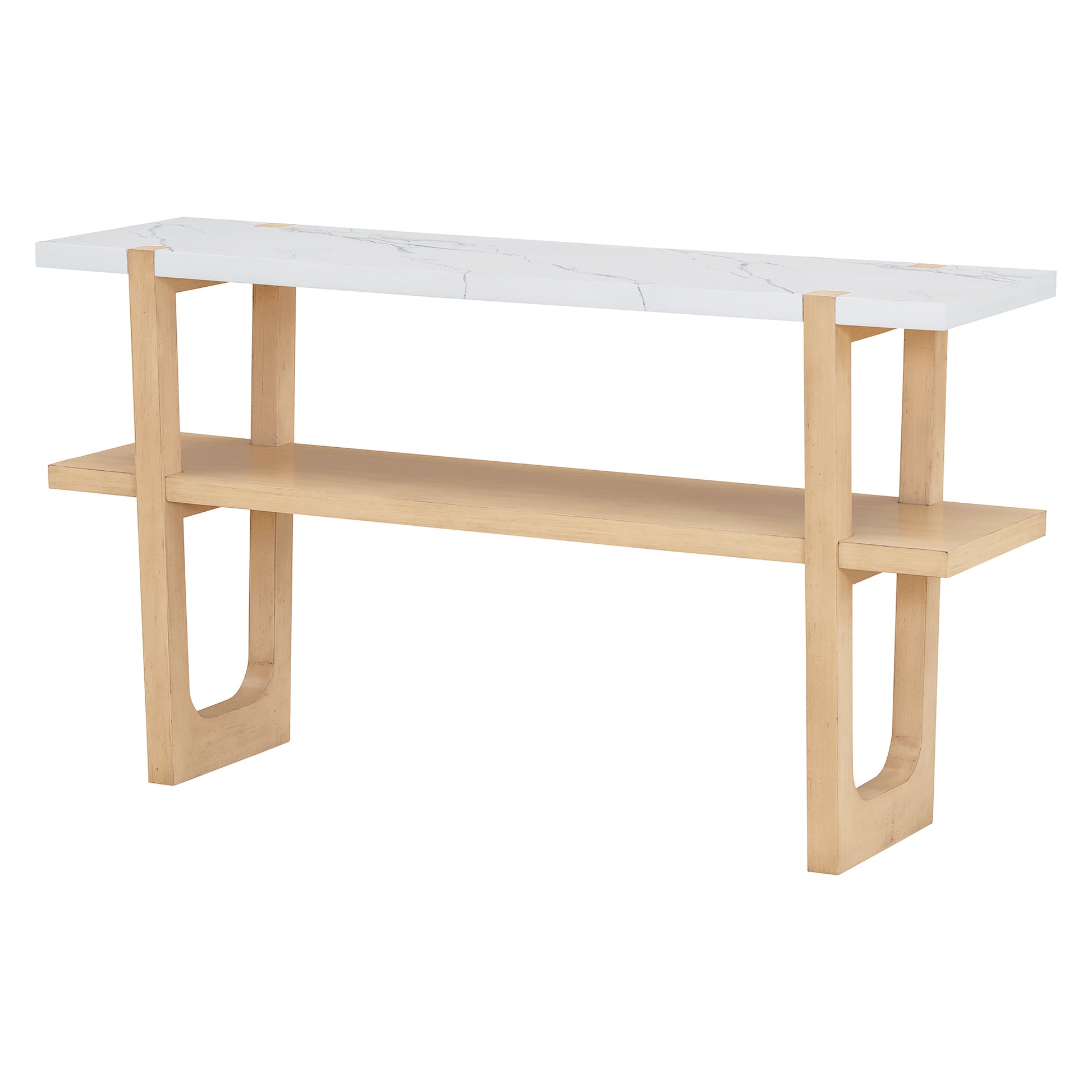 Modern console table with white marble top and light wood frame