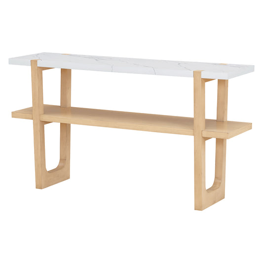 Modern console table with white marble top and light wood frame