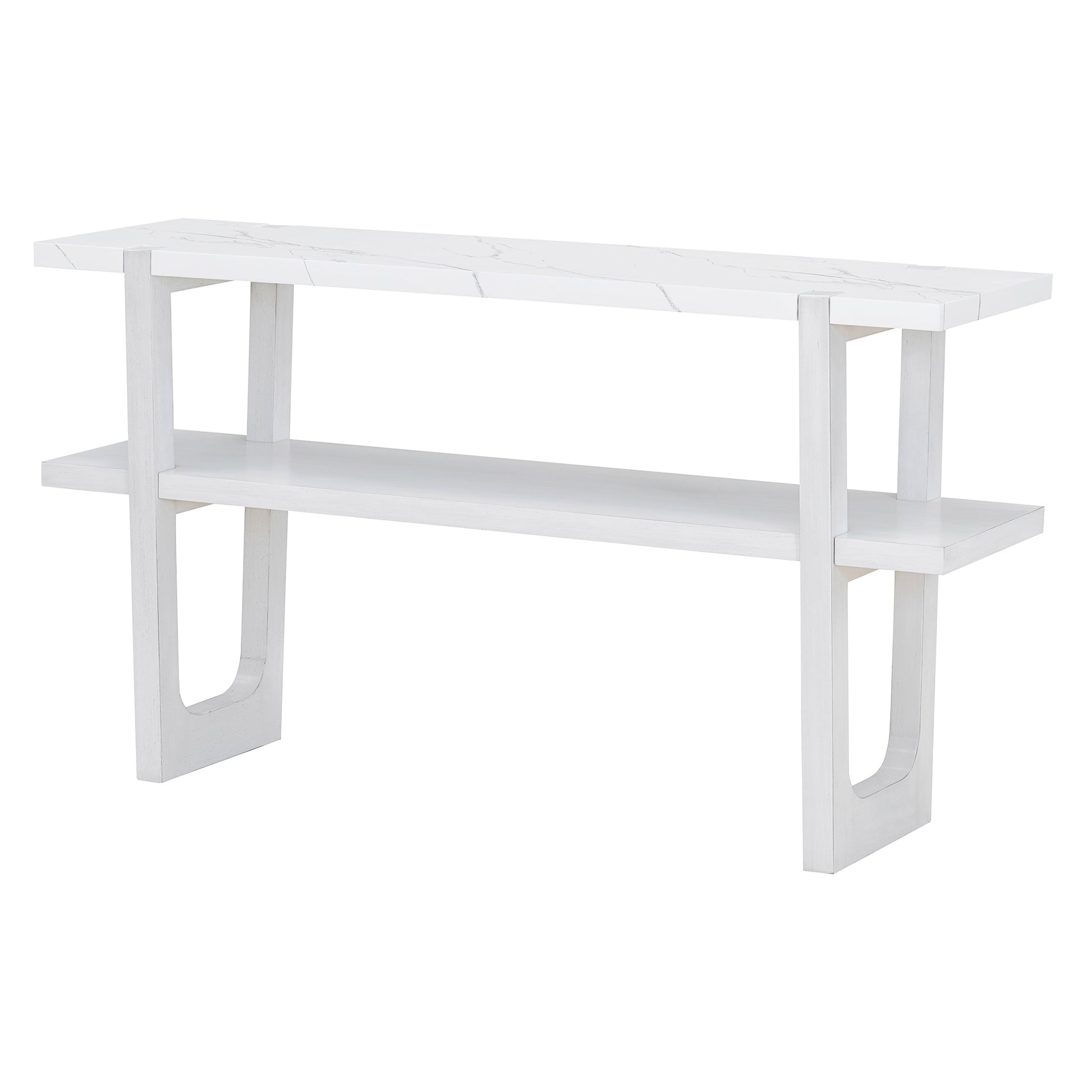 Modern white marbletop console table with two open shelves