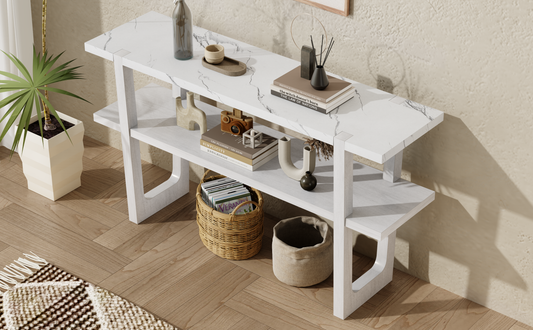 White marble console table with two shelves and modern decor accents