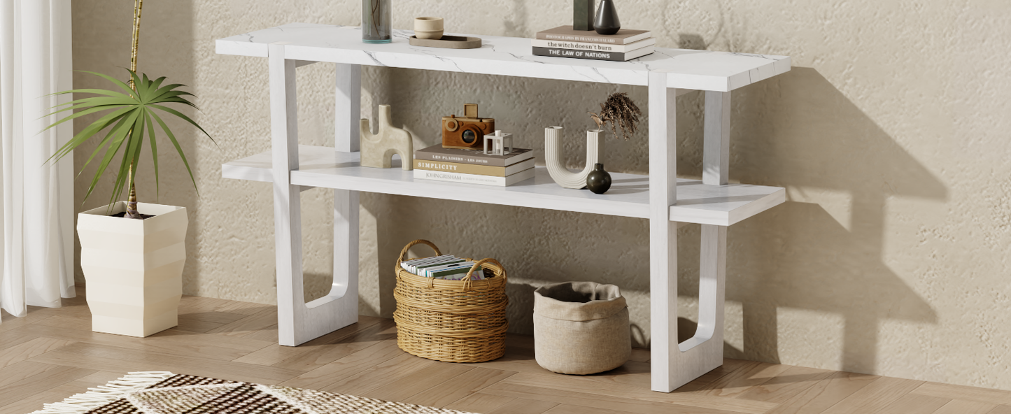 White faux marble console table with two shelves for decor