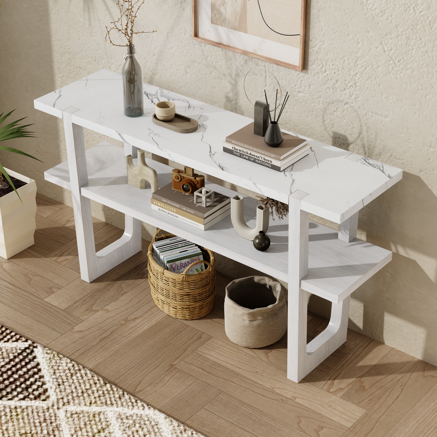 White marble console table with two shelves and modern minimalist design