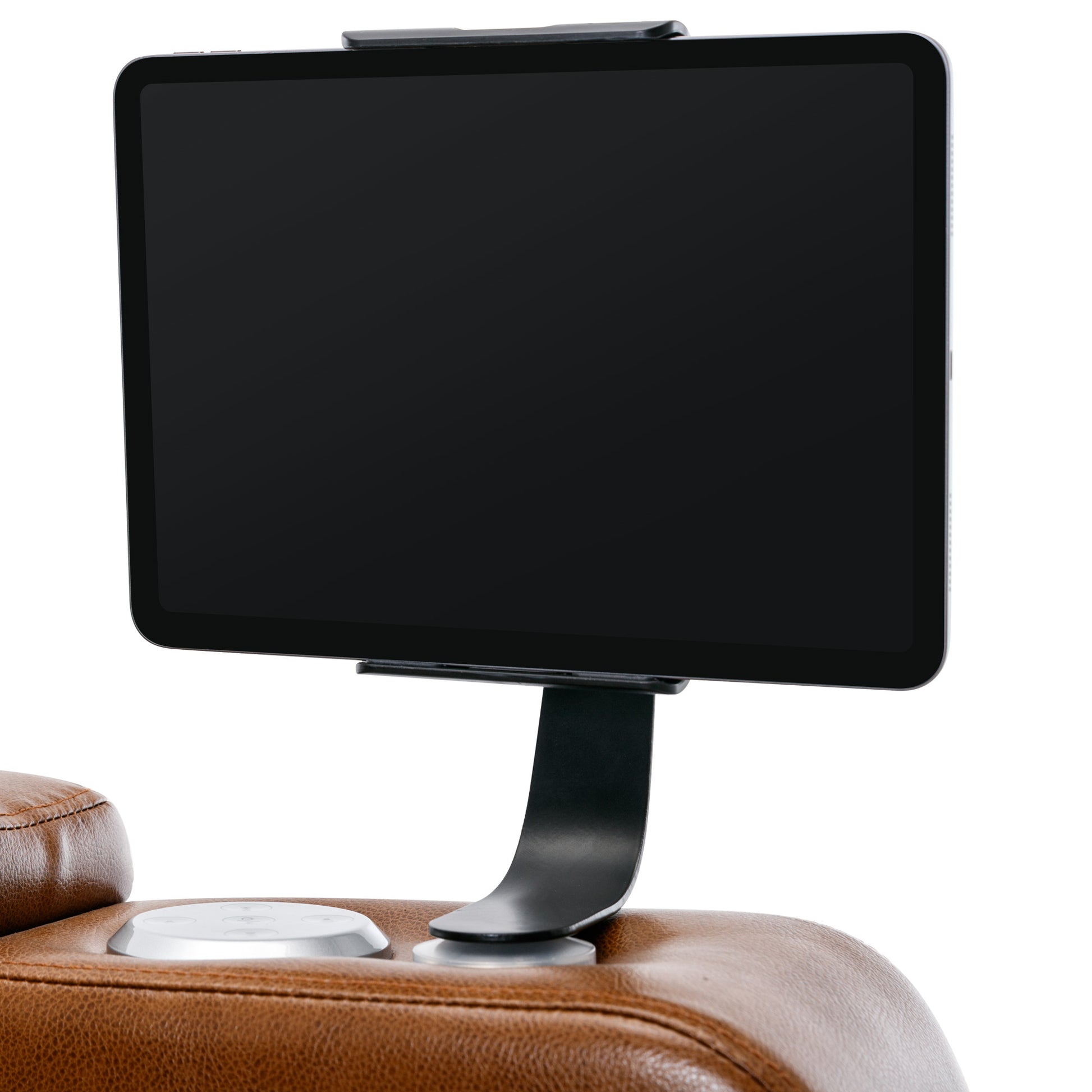 Black tablet mount with sleek metal arm attached to brown leather recliner