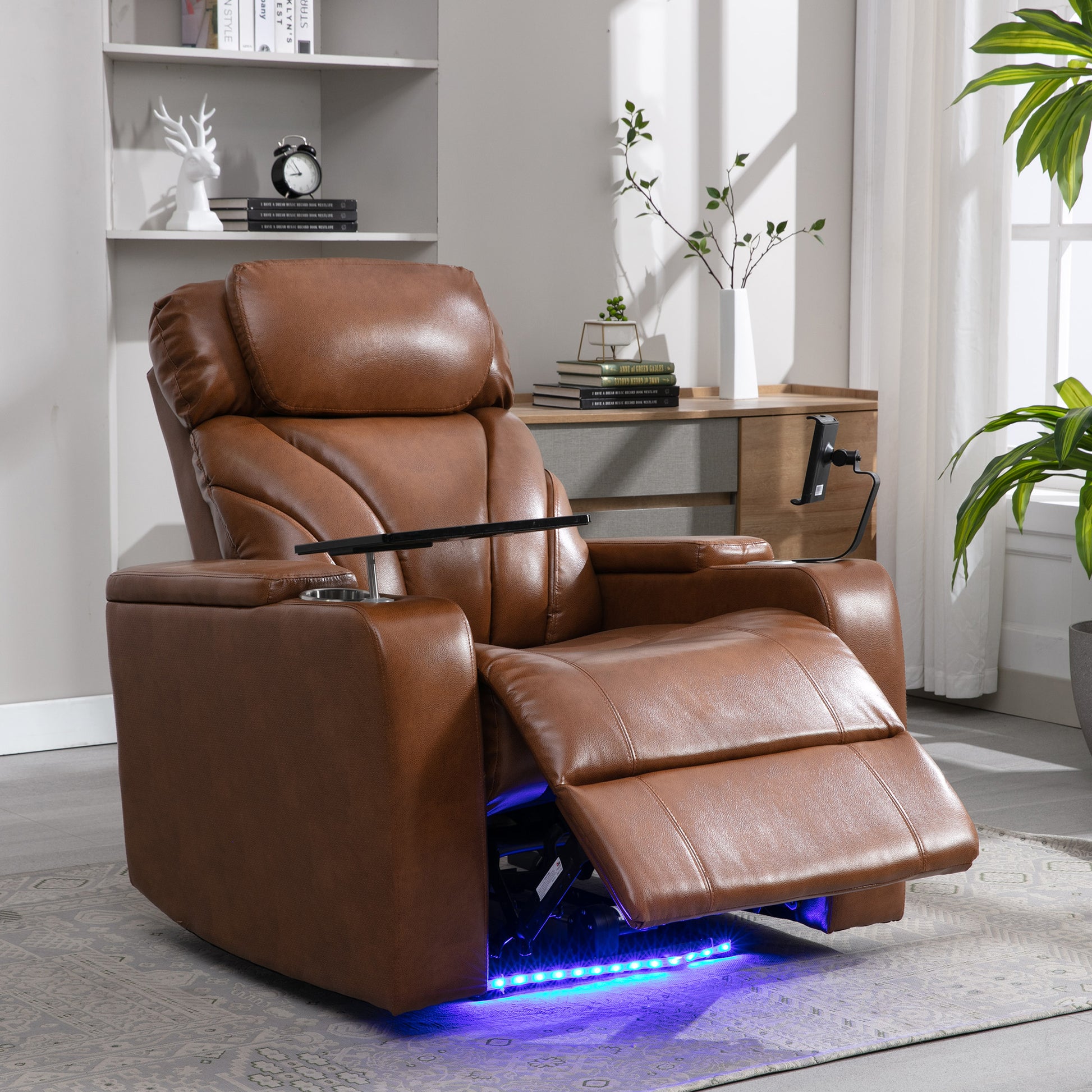 Brown leather power recliner with cup holder and USB charging port