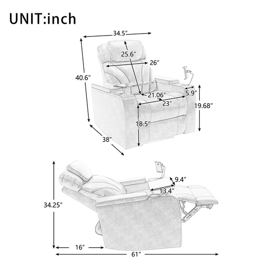 Schematic drawing of a recliner chair with dimensions shown