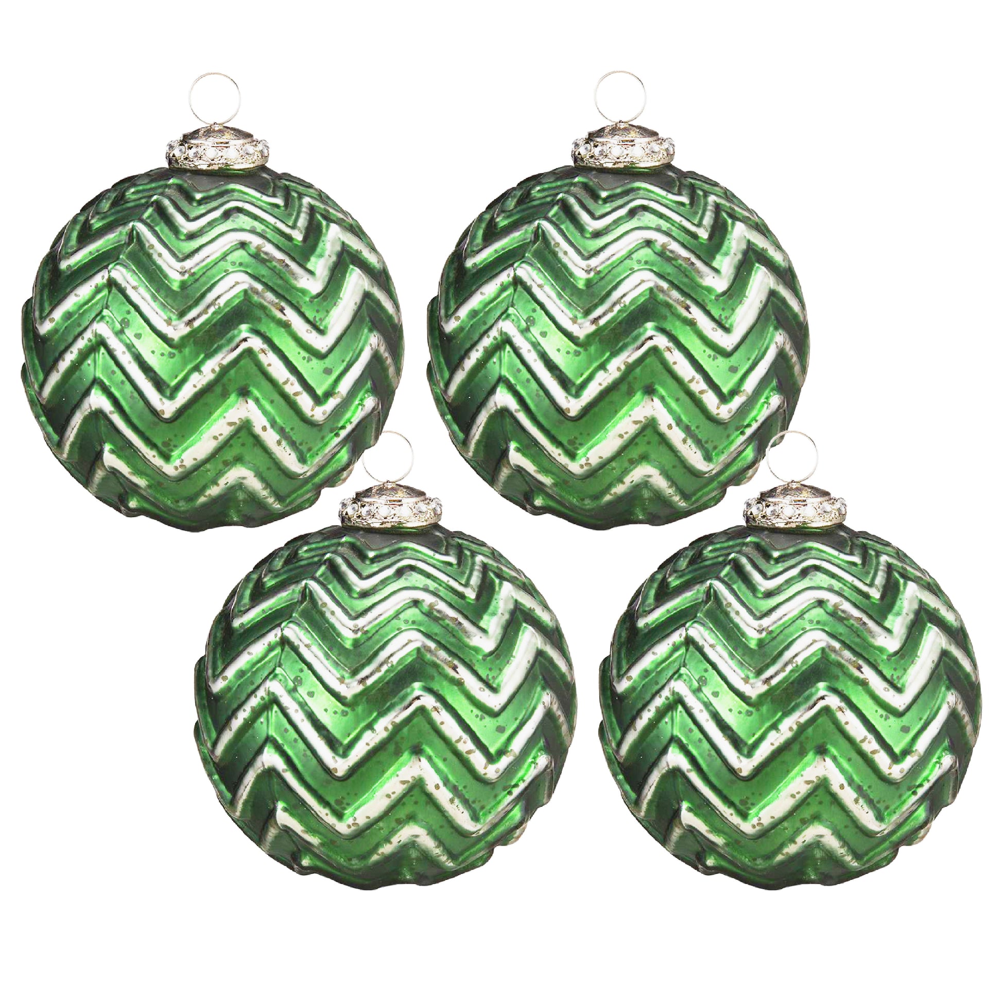 Set of four green chevron glass Christmas ornaments with silver caps
