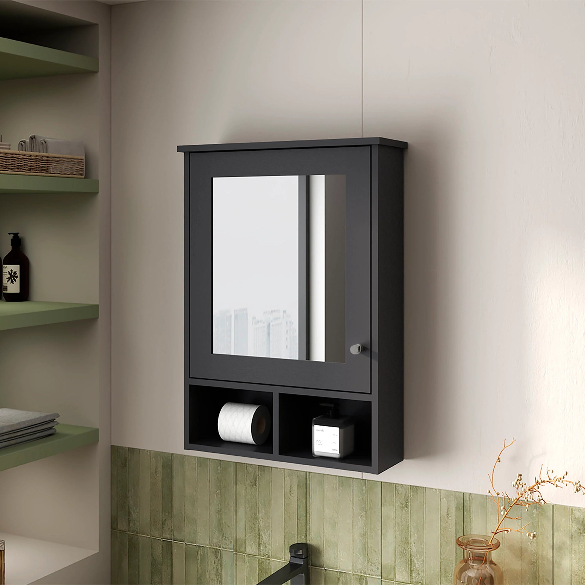 Dark grey modern bathroom medicine cabinet with mirrored door and open shelves