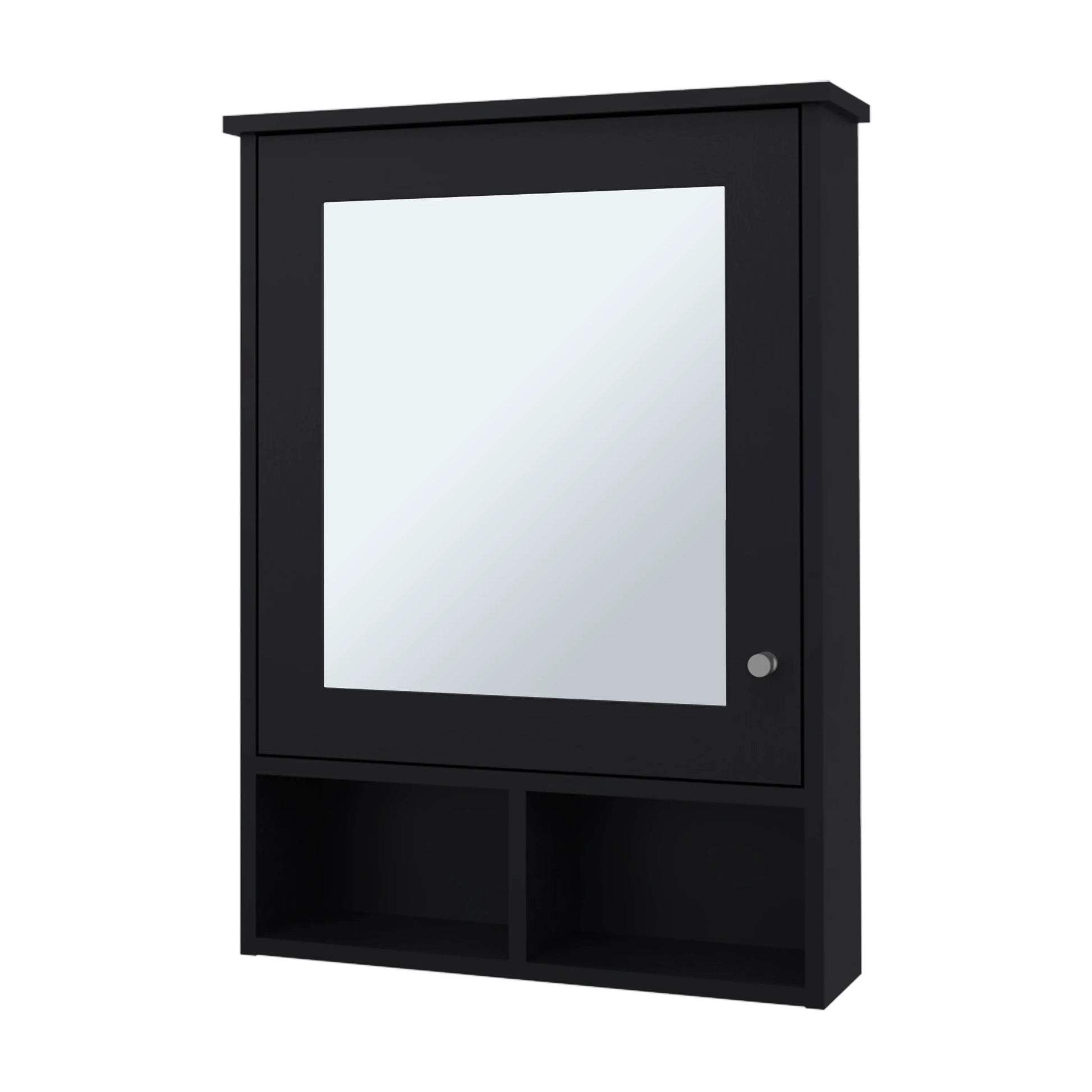 Black mirrored medicine cabinet with open shelves below