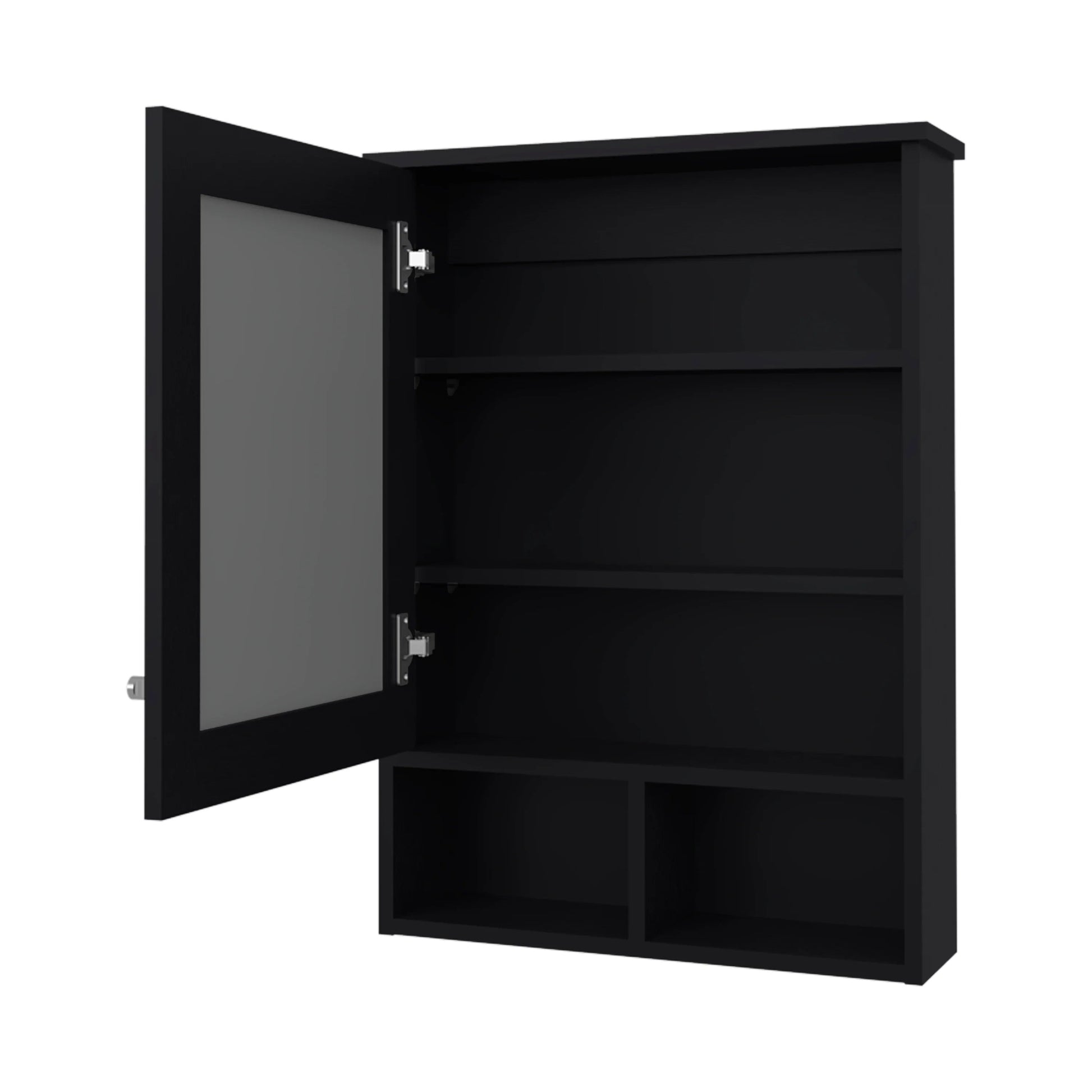 Black medicine cabinet with open mirrored door and multiple shelves