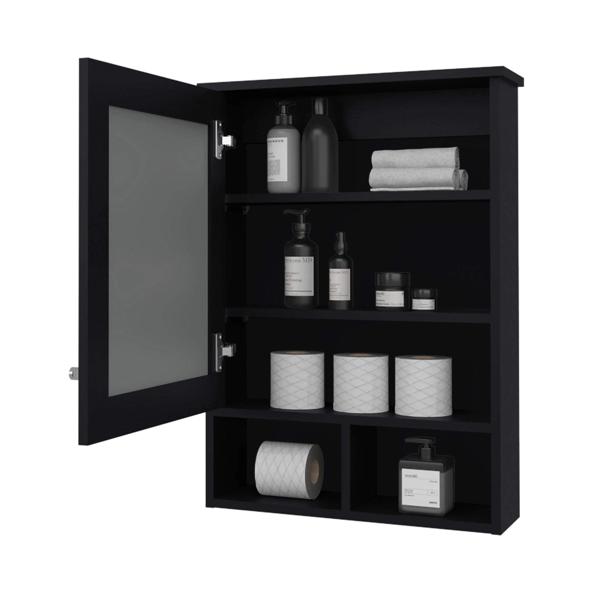 Black medicine cabinet with mirrored door and open shelves