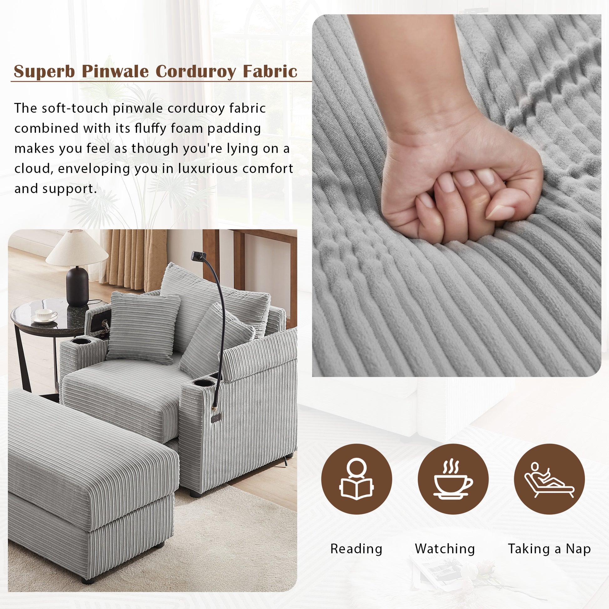 Gray pinwale corduroy sofa with plush cushions and ottoman for a cozy living room