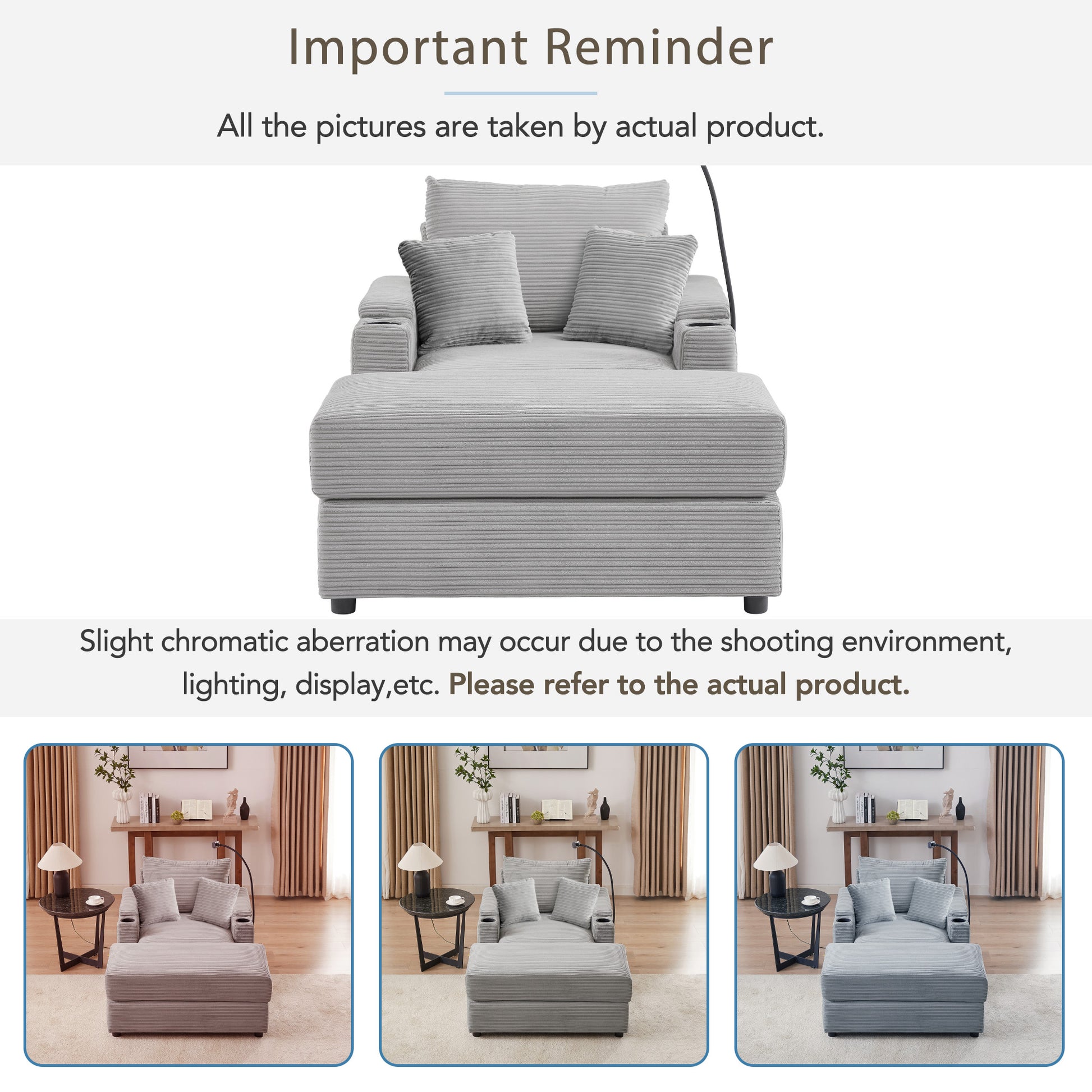 Gray corduroy chaise lounge chair with two square pillows