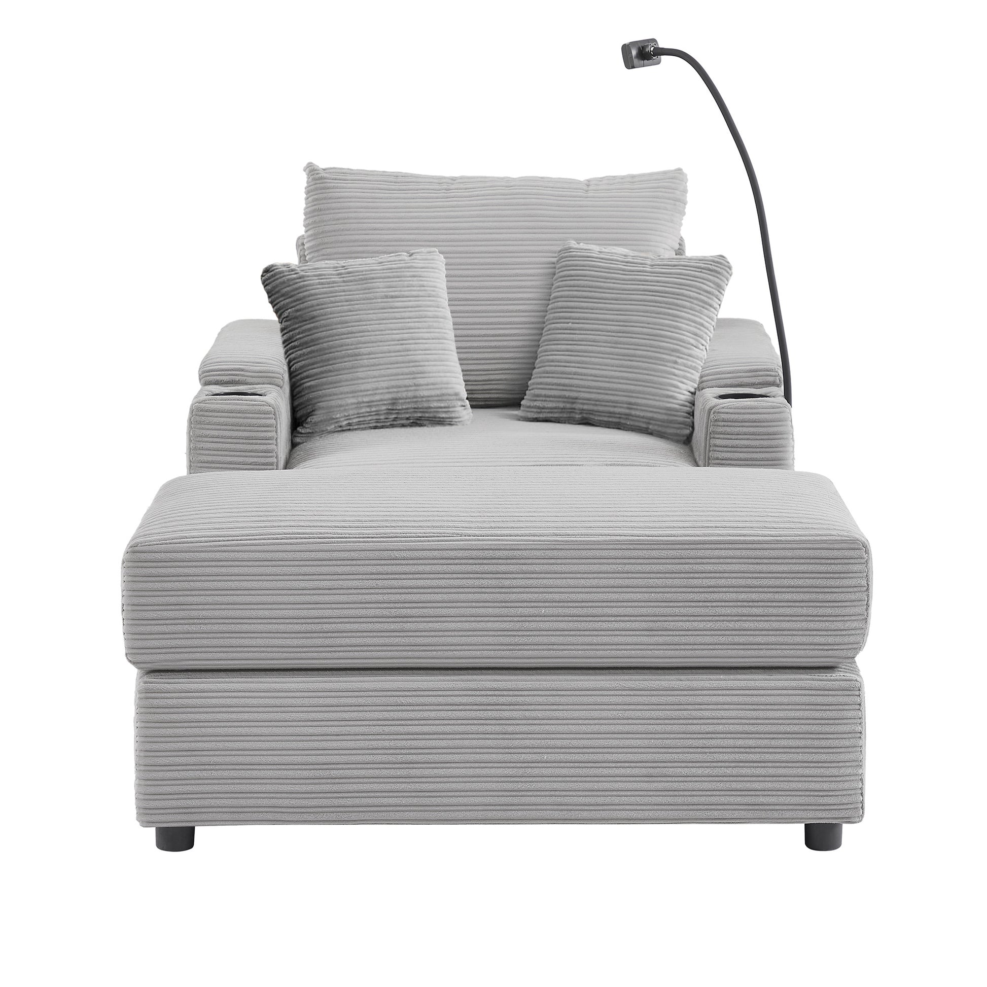 Grey corduroy chaise lounge with integrated reading light