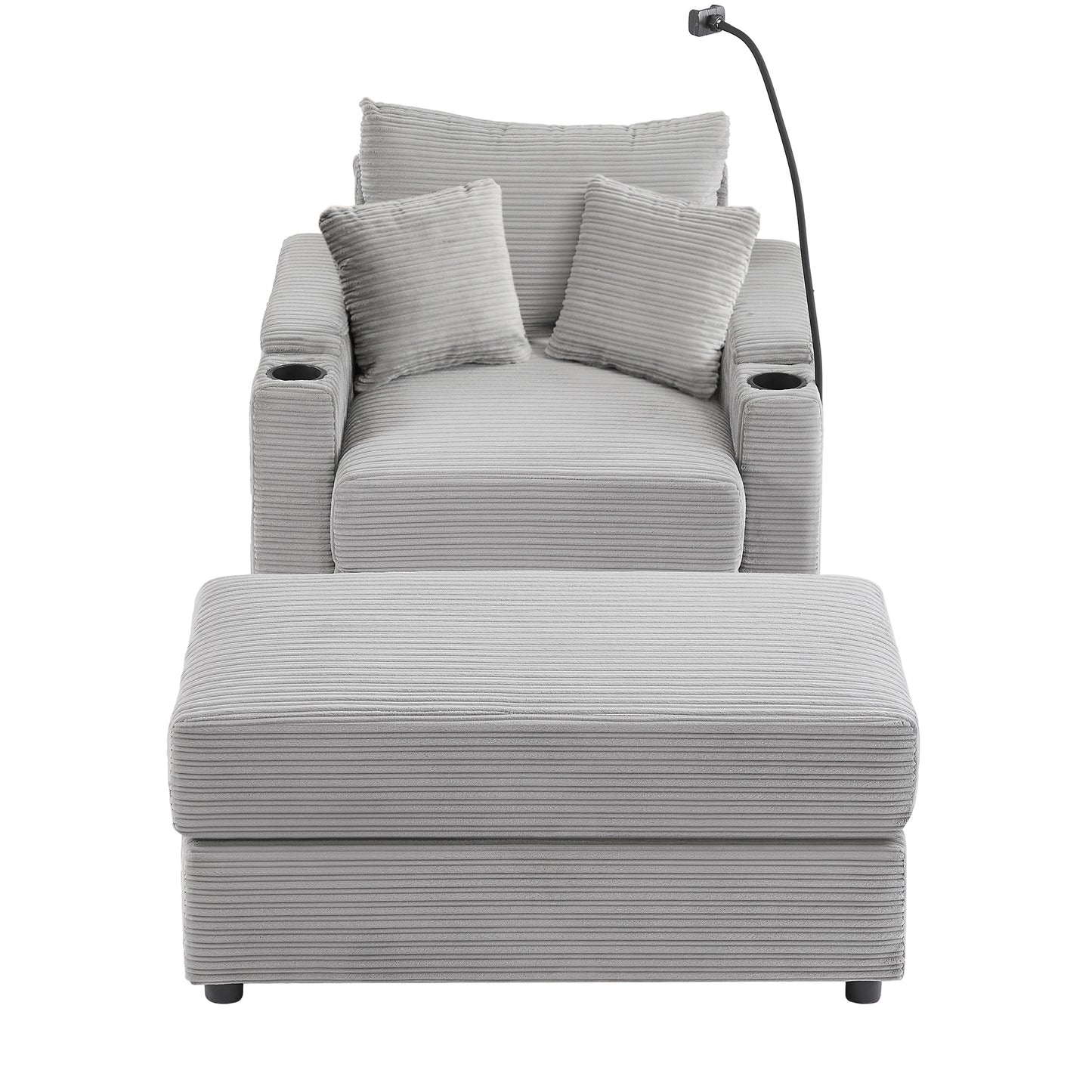 Grey corduroy recliner chair with cup holders