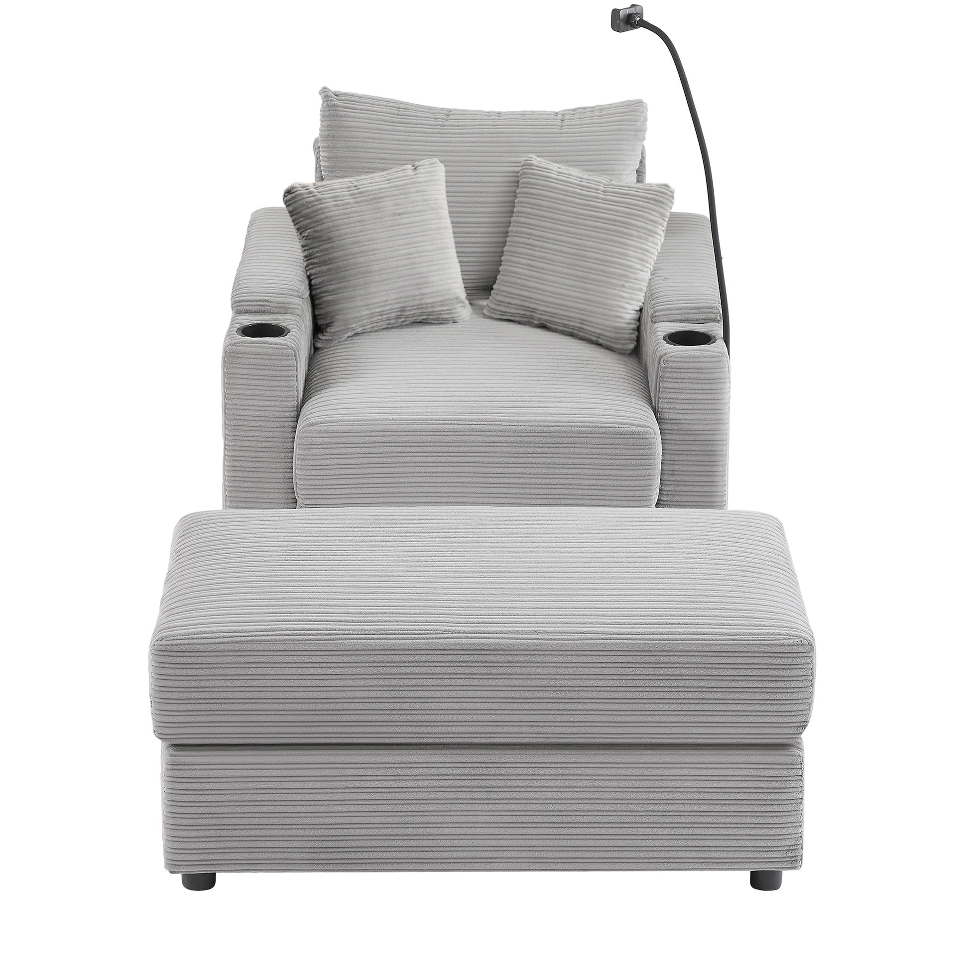 Grey corduroy recliner chair with cup holders