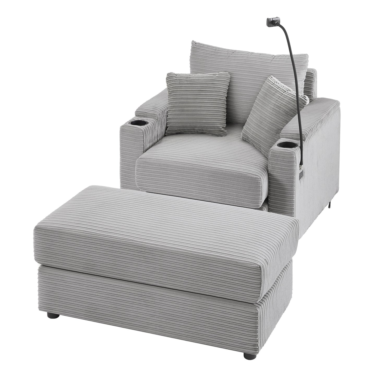Gray corduroy accent chair with ottoman and builtin cup holders