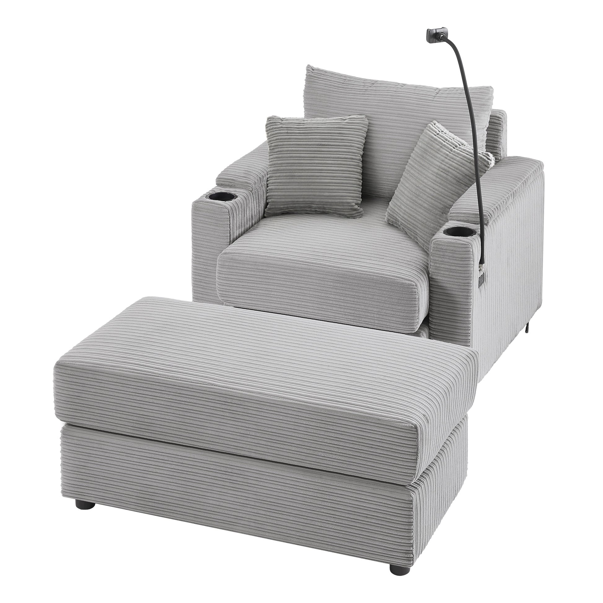 Gray corduroy accent chair with ottoman and builtin cup holders