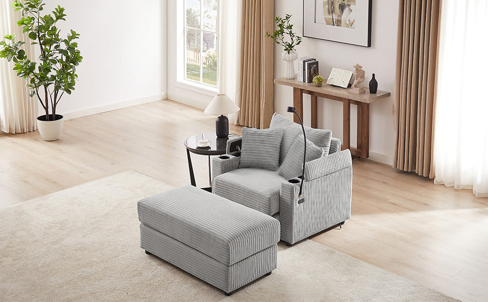 Gray corduroy accent chair with adjustable lamp and ottoman