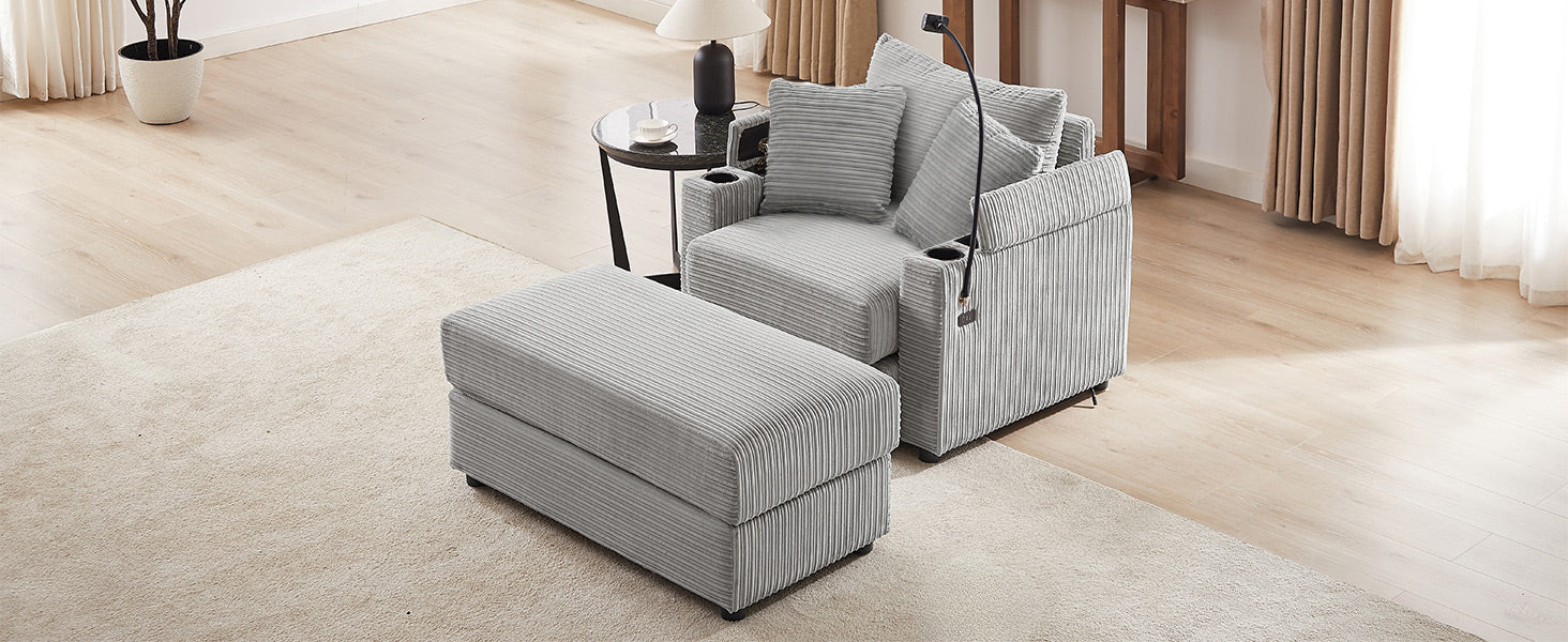 Gray corduroy armchair with ottoman and builtin cup holder