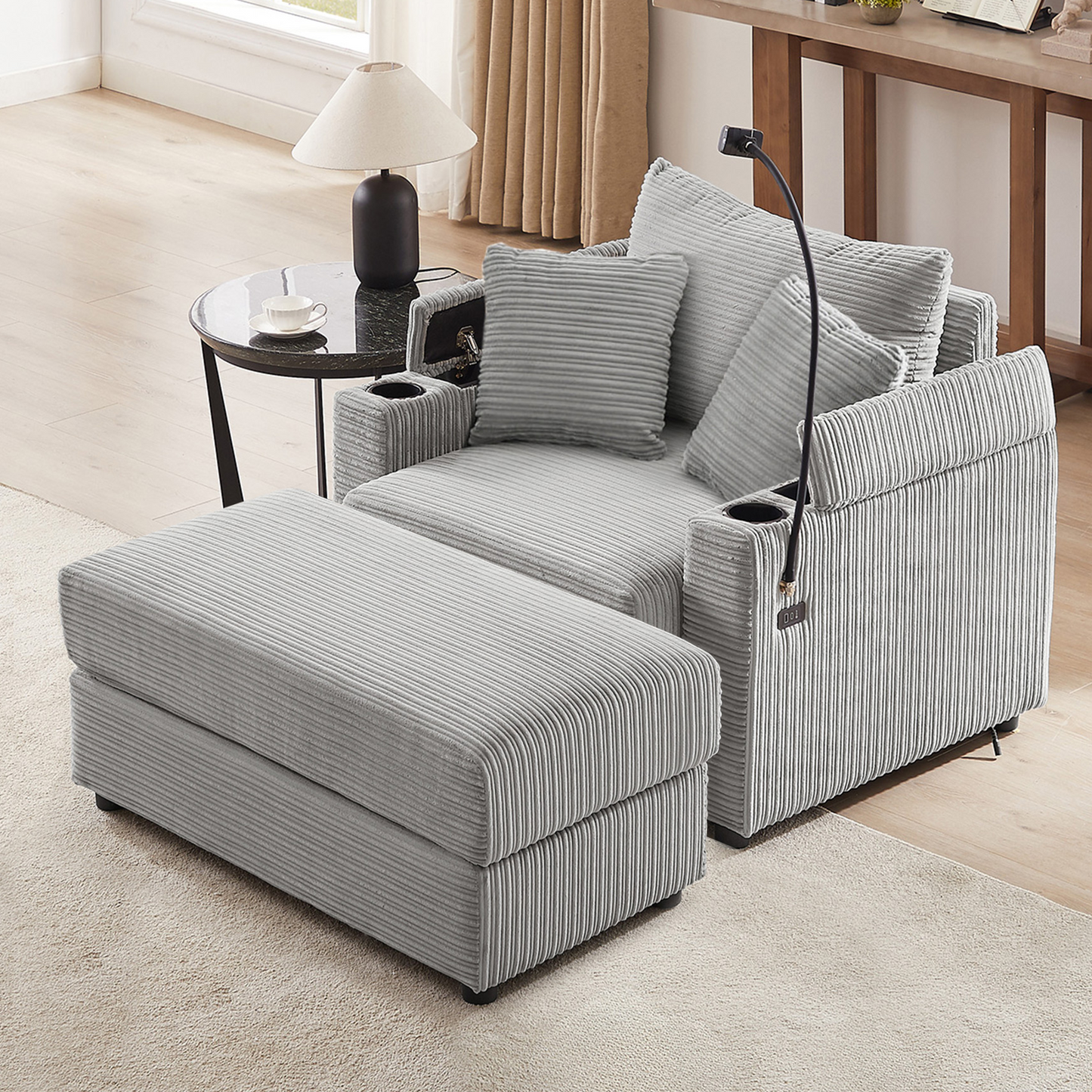 Gray corduroy accent chair with ottoman and builtin cup holders