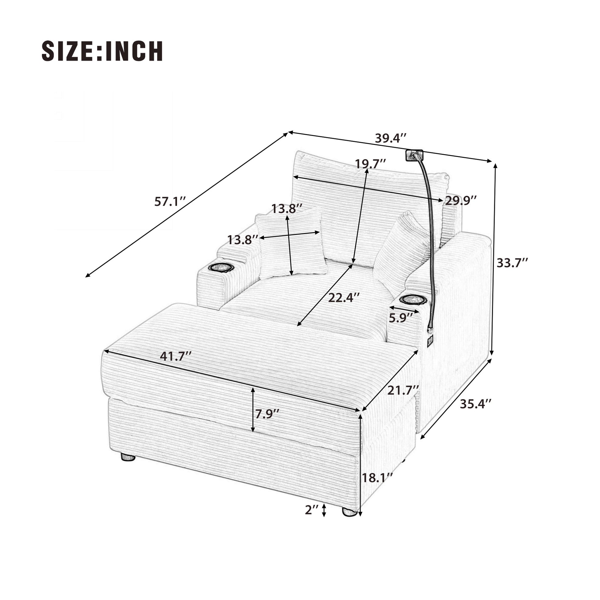 Diagram showing chaise lounge dimensions