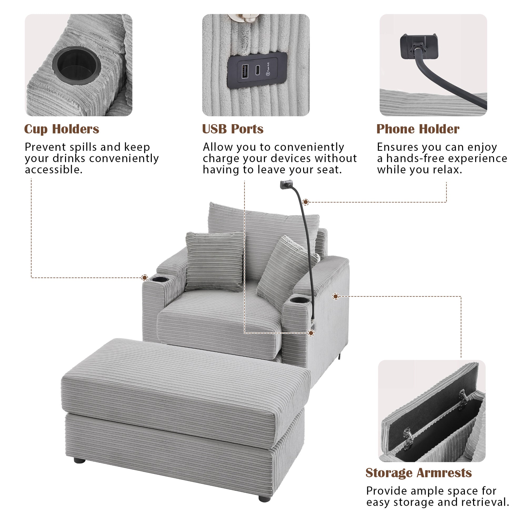 Gray corduroy armchair with integrated cup holders and USB charging ports