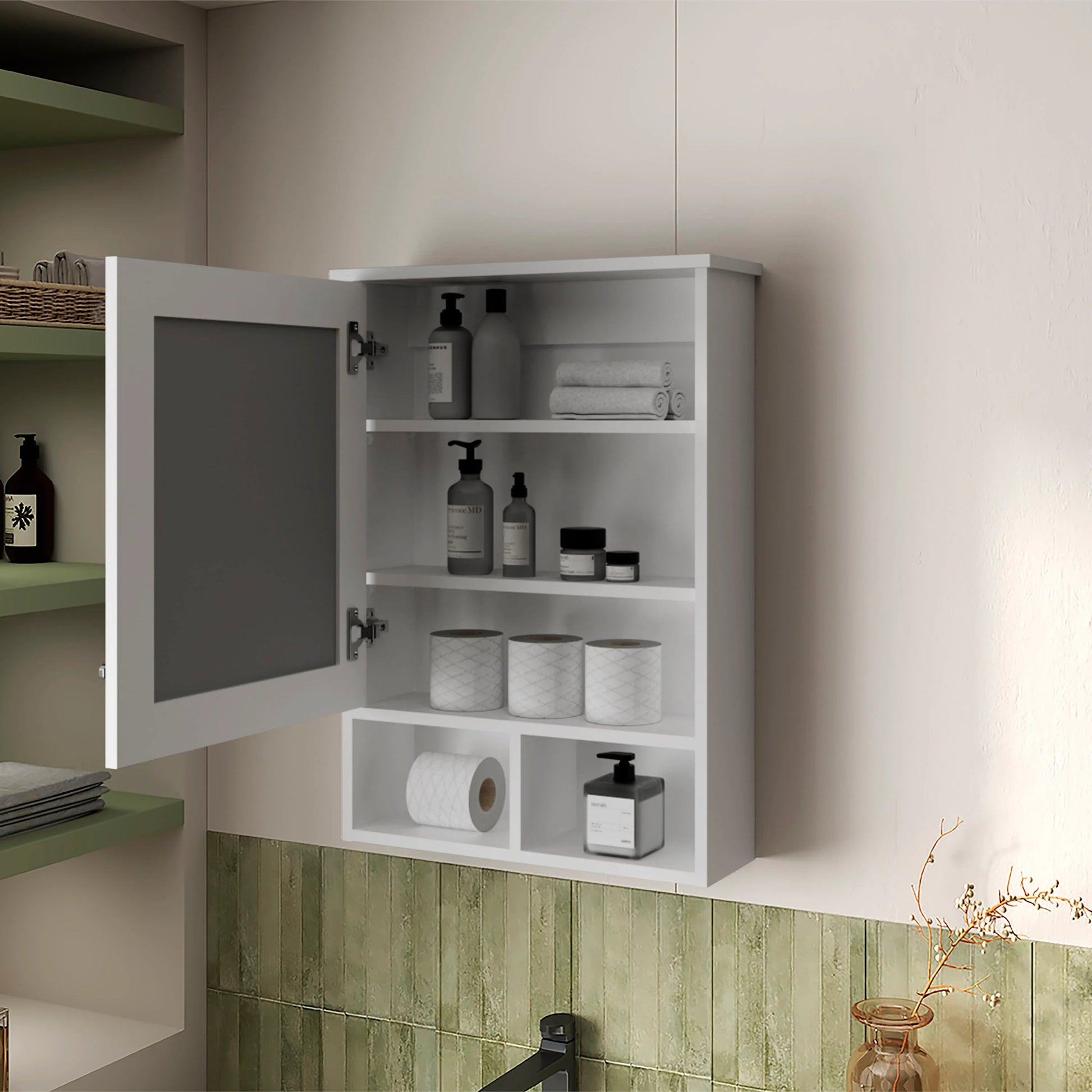 White modern medicine cabinet with mirrored door and open shelves holding toiletries and towels
