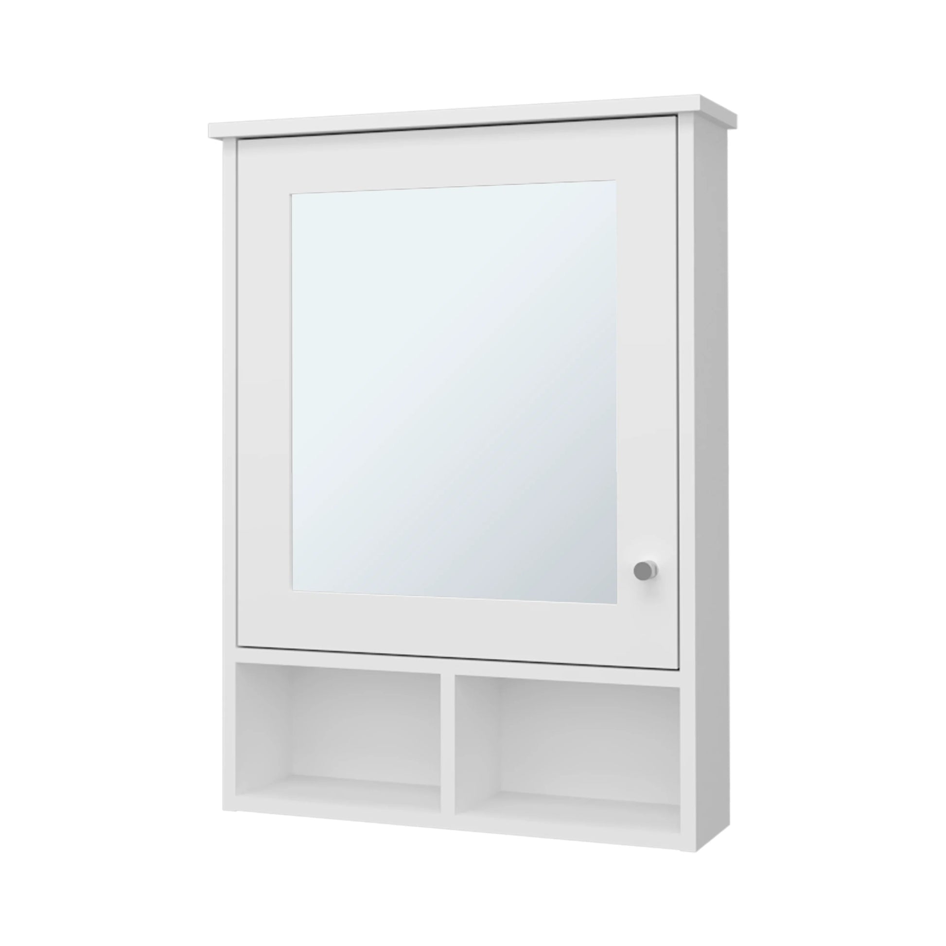 White medicine cabinet with mirrored door and open shelving