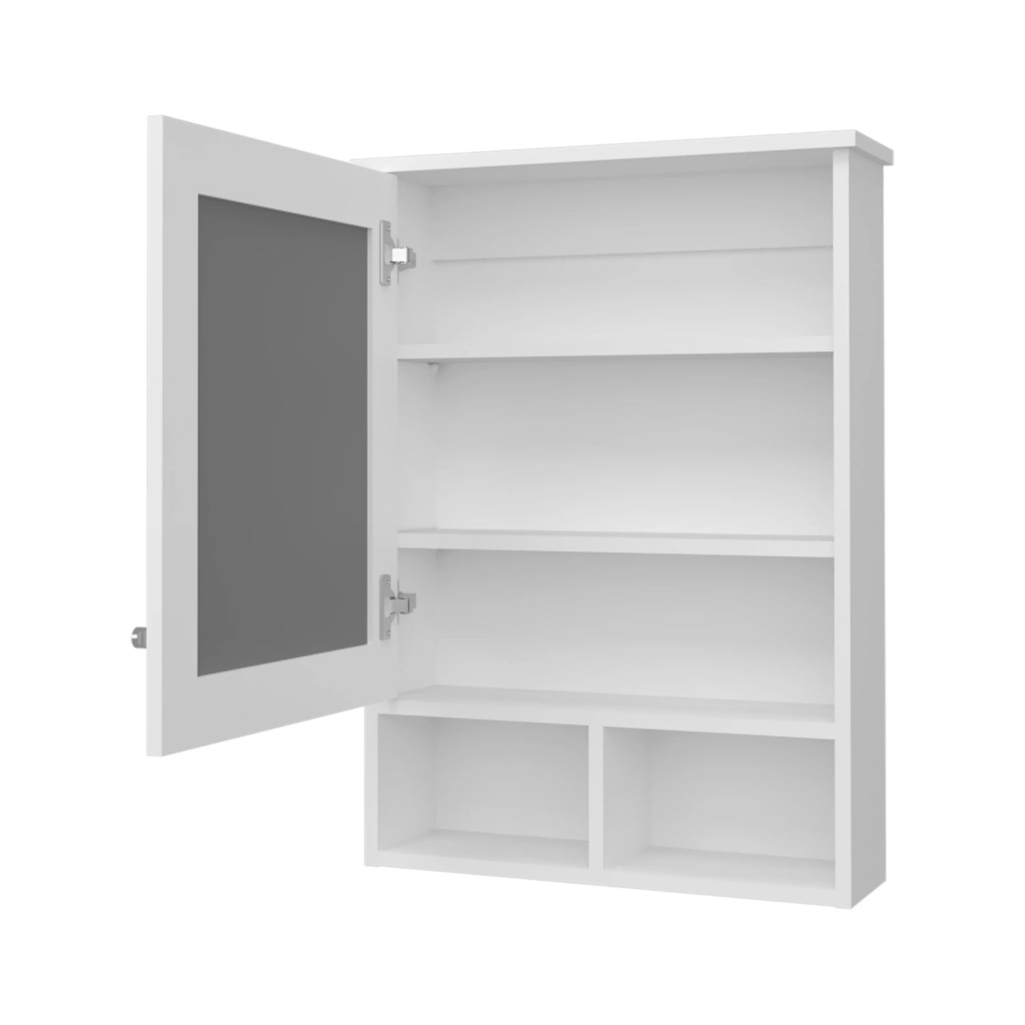 White medicine cabinet with mirrored door open to reveal shelves