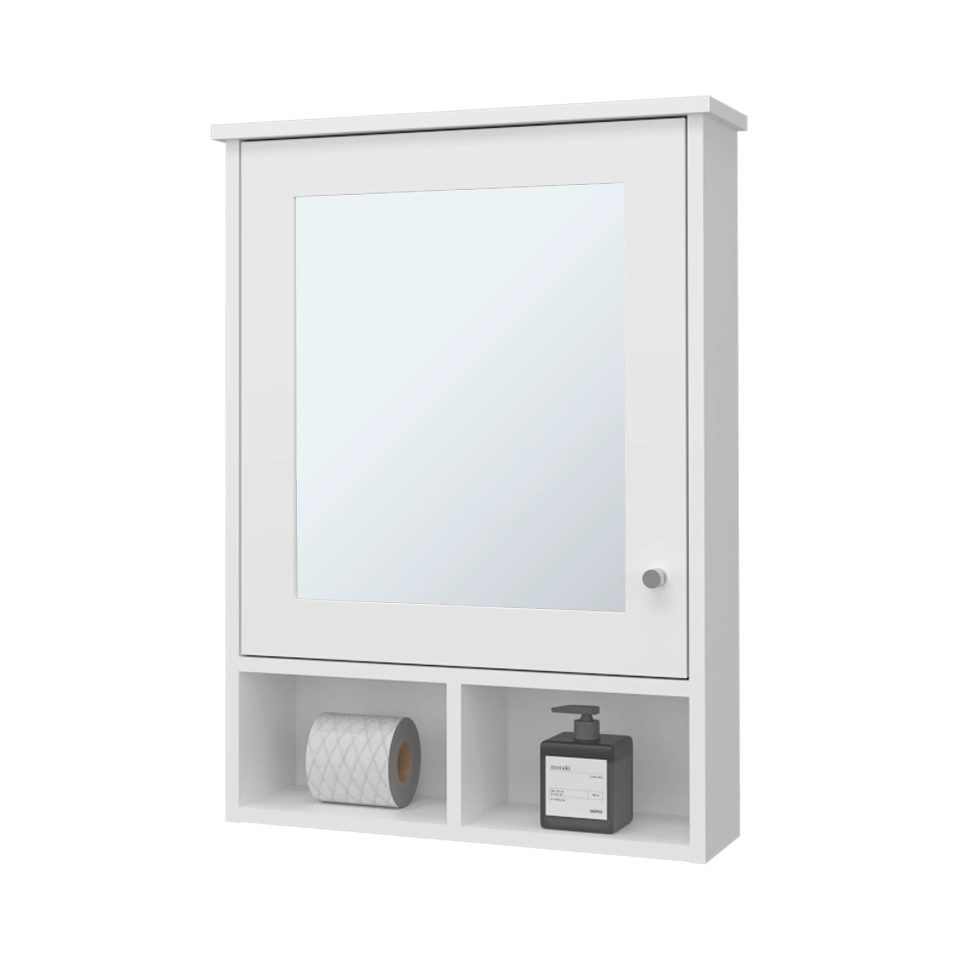 White medicine cabinet with mirrored door and open shelves holding toilet paper and soap dispenser