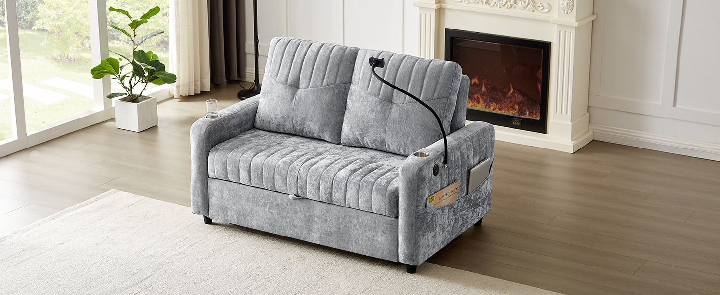 Plush grey velvet loveseat sofa with channel tufting and hidden storage