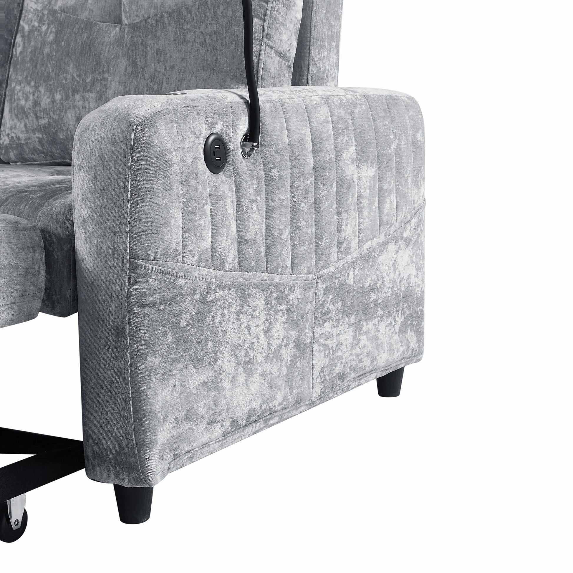 Gray crushed velvet armchair with builtin USB port and side pocket
