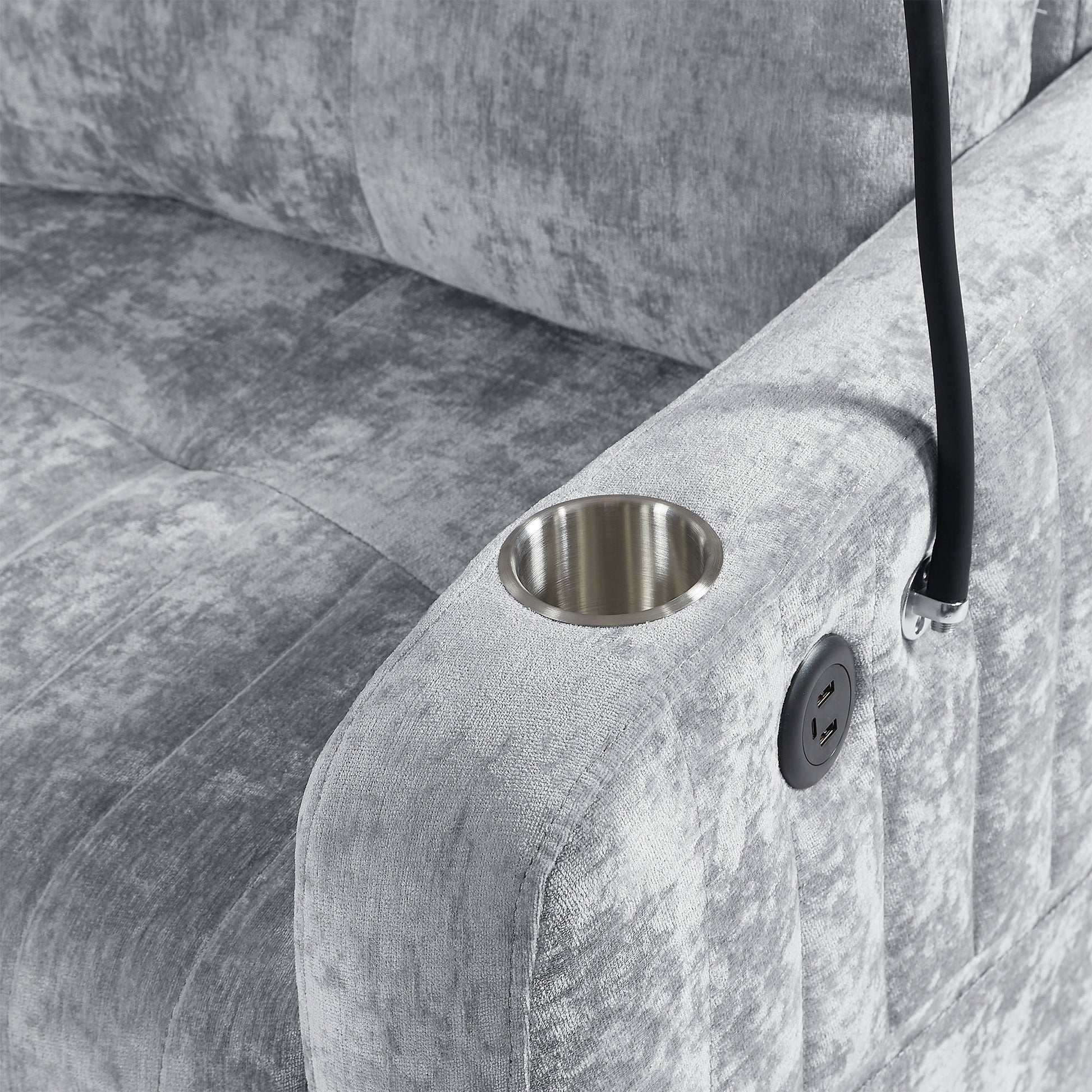 Silver velvet recliner armrest with cup holder and USB charging ports