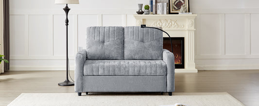 Grey velvet loveseat sofa with channel tufting and builtin cup holders