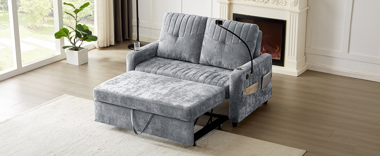 Grey velvet sleeper sofa with ottoman