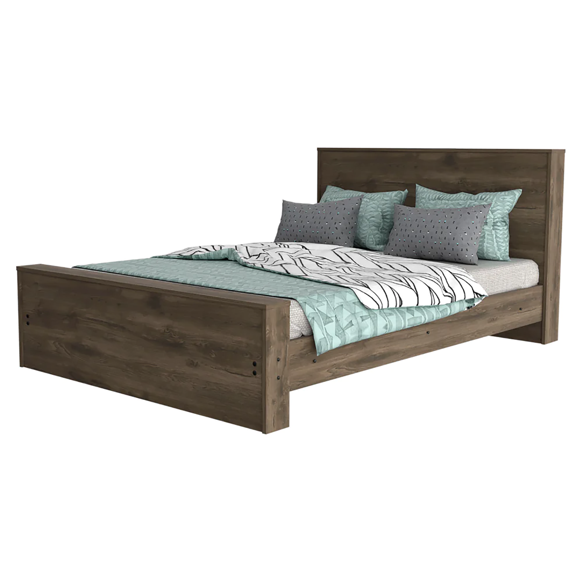 Modern dark wood platform bed frame with upholstered pillows