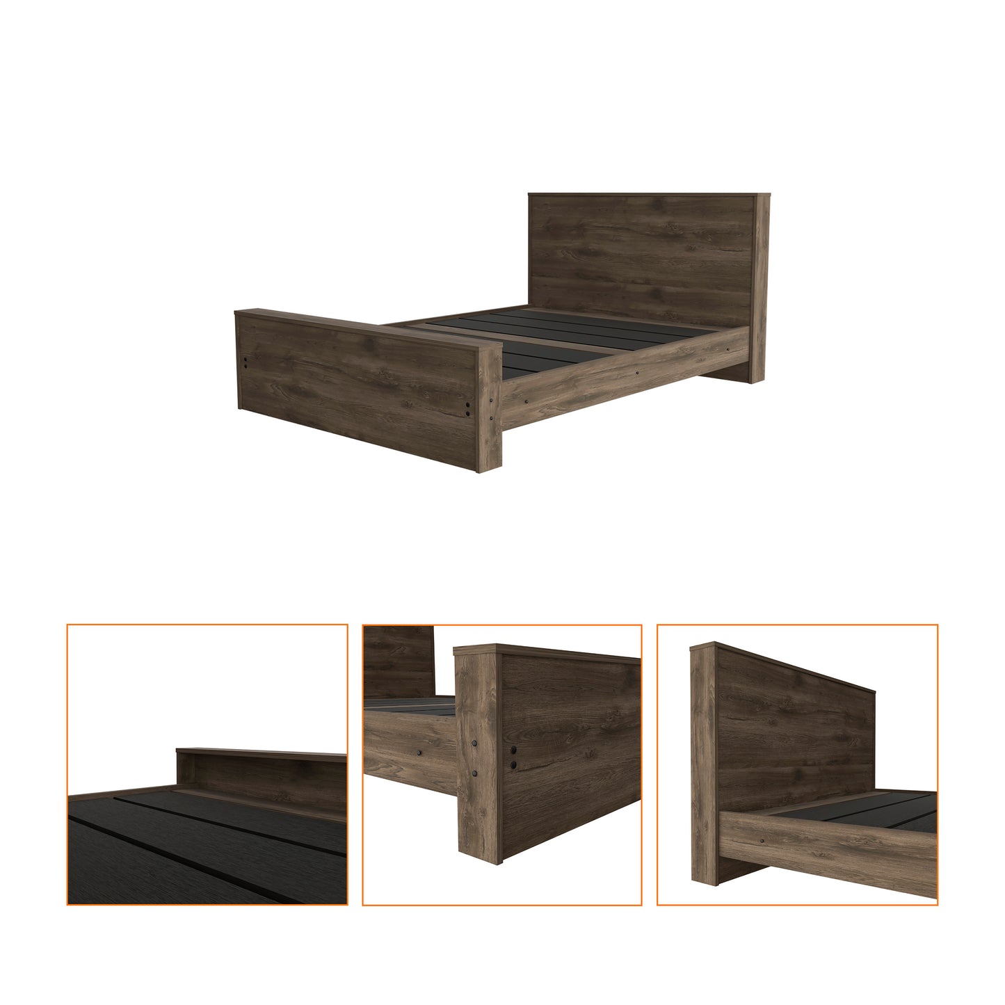 Dark brown wood platform bed frame with black slat support