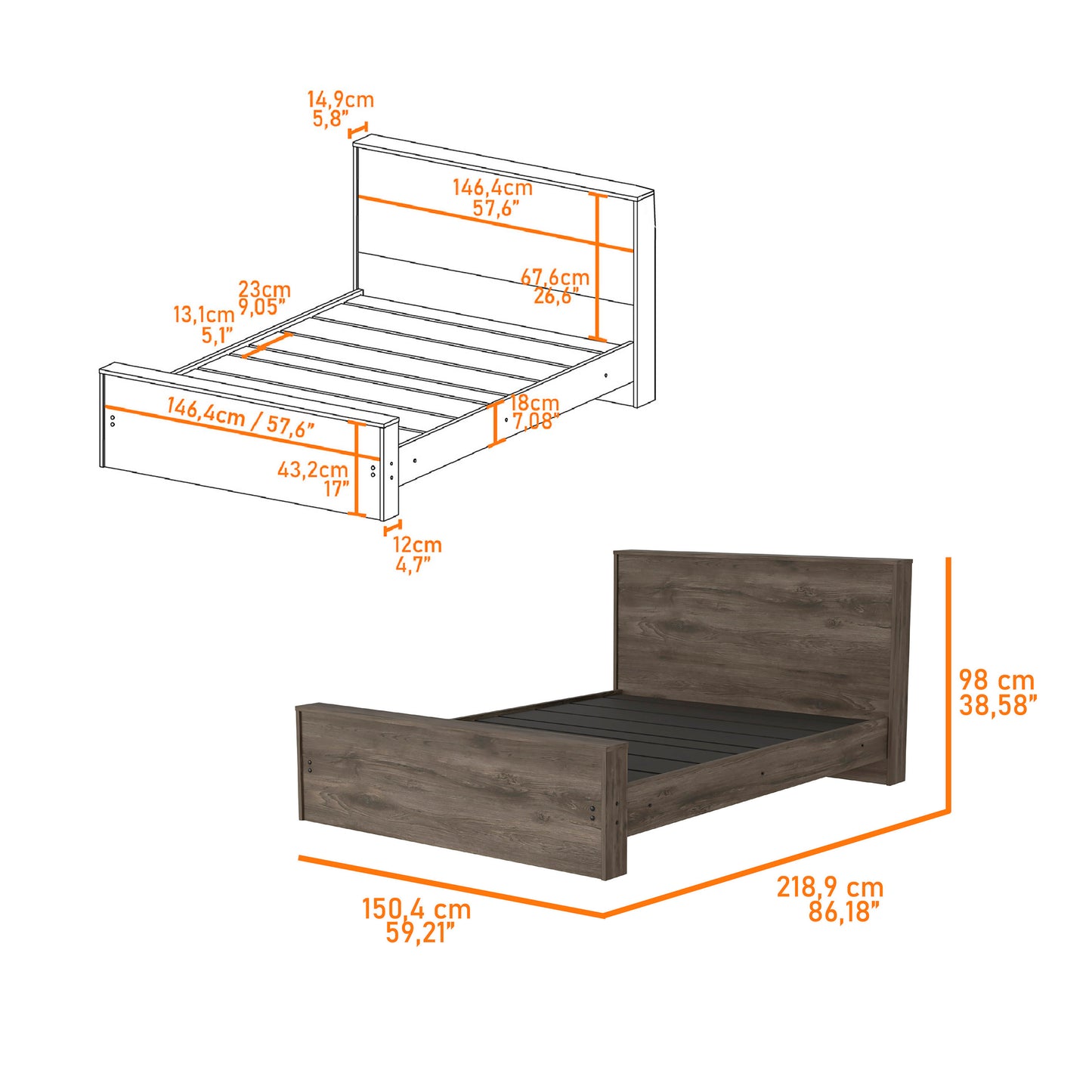 Wooden bed frame with grey oak finish and slatted base
