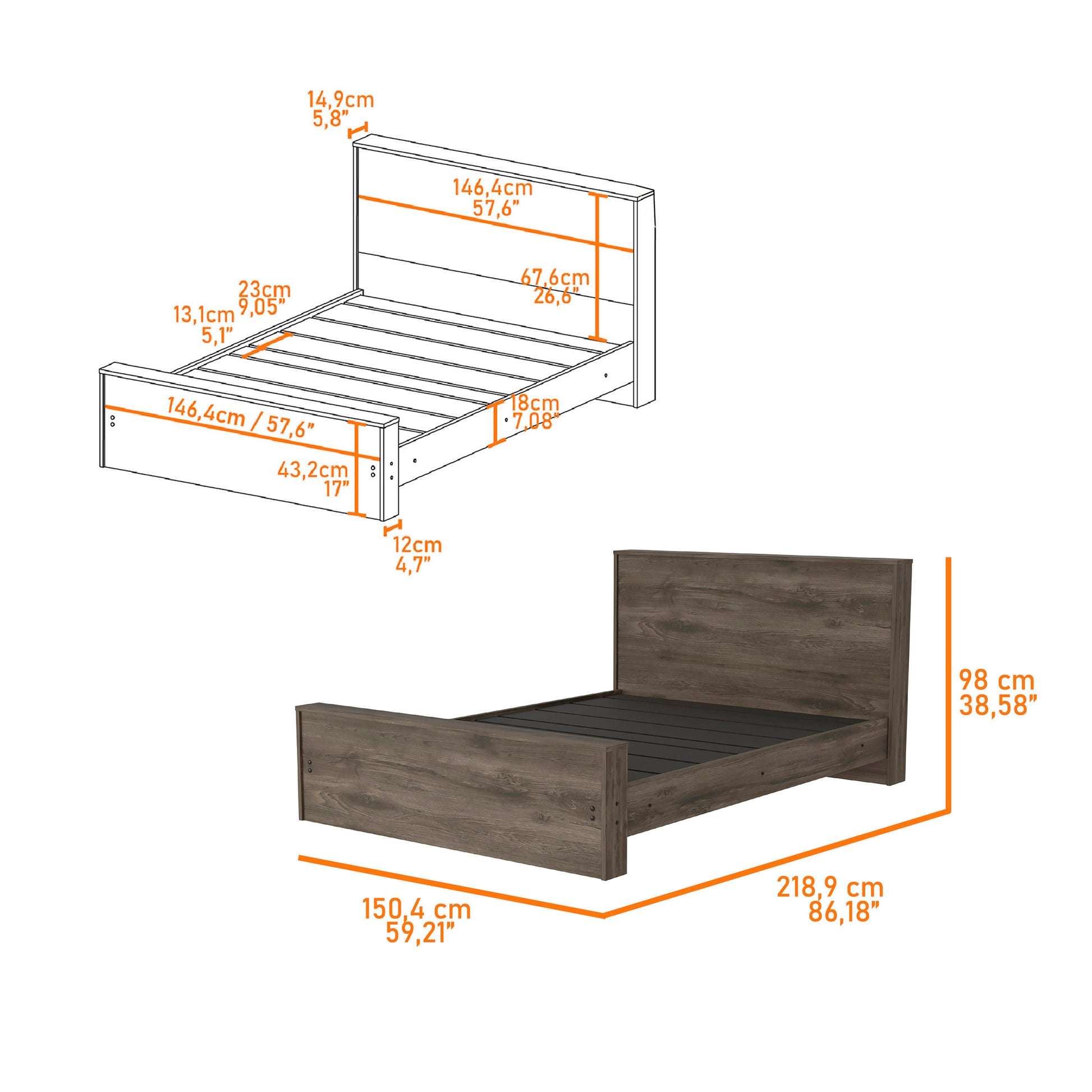 Wooden bed frame with grey oak finish and slatted base
