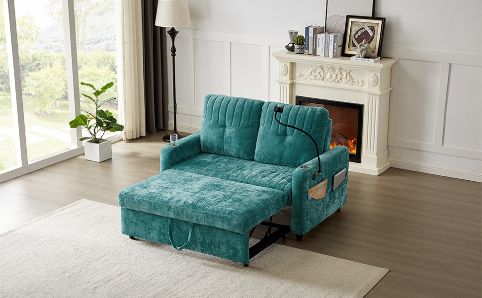Teal velvet sleeper sofa with pullout bed and storage ottoman
