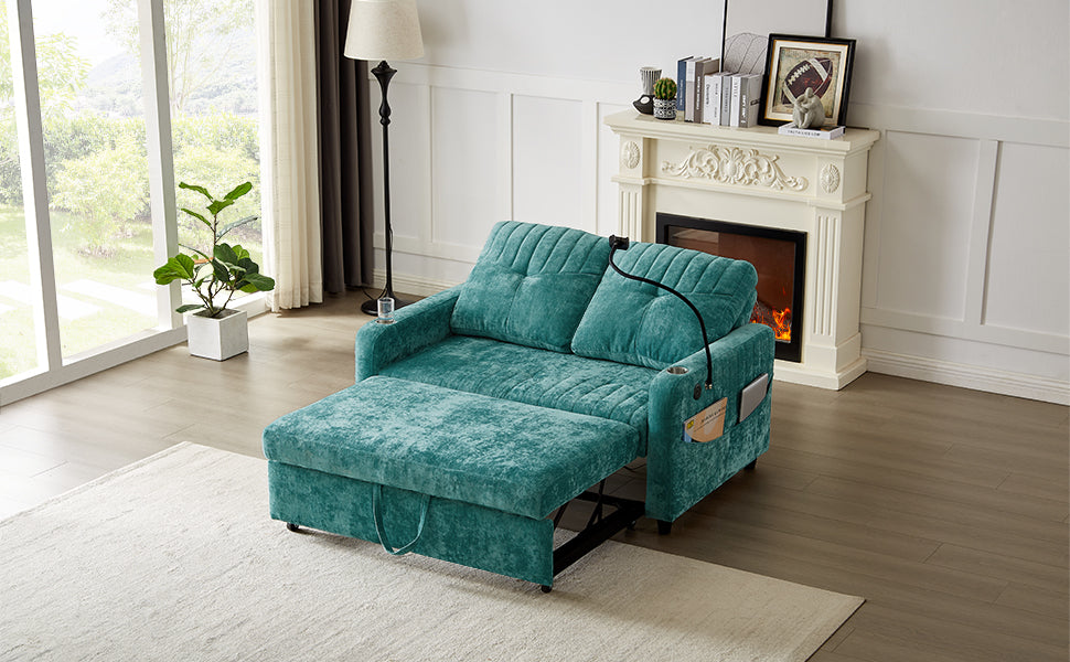 Teal velvet convertible sleeper sofa with ottoman and storage pockets