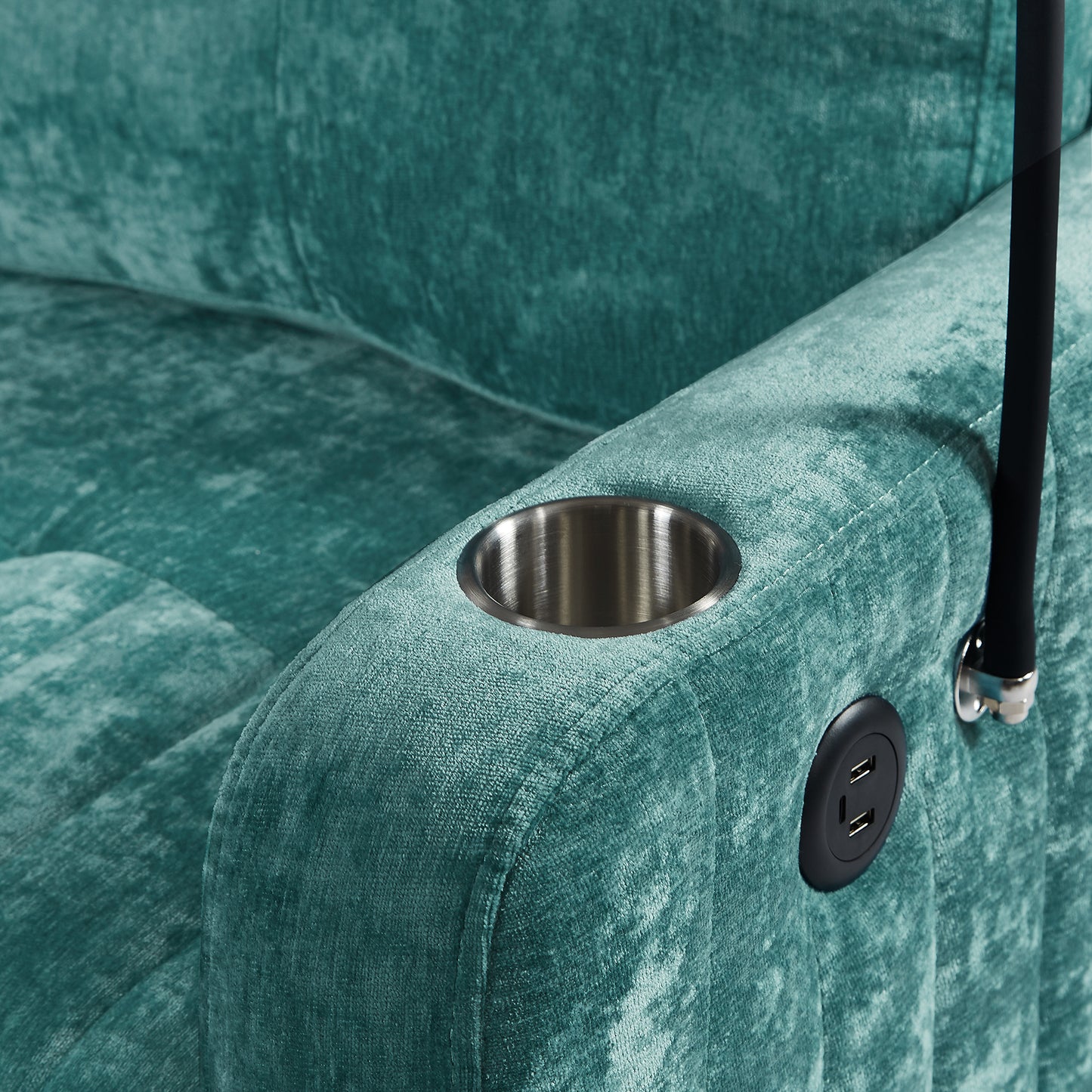Teal velvet recliner armrest with builtin cup holder and USB charging port