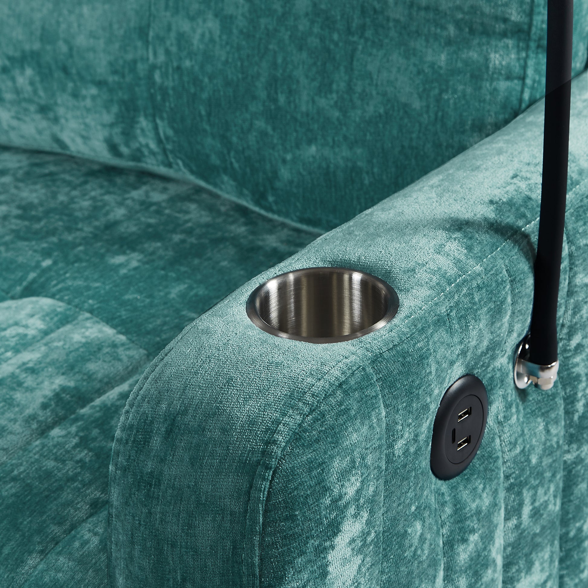 Teal velvet recliner armrest with builtin cup holder and USB charging port