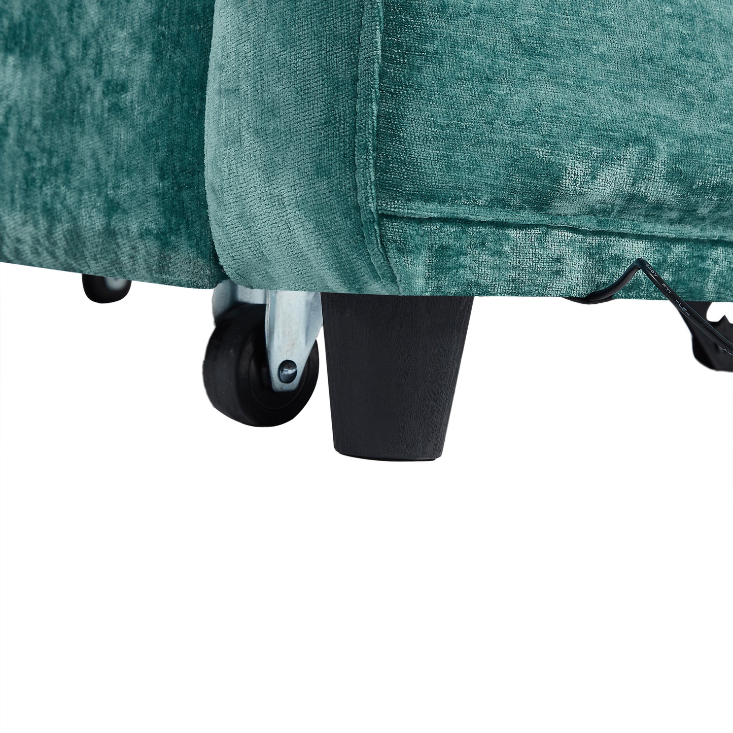 Teal velvet armchair leg with hidden wheels