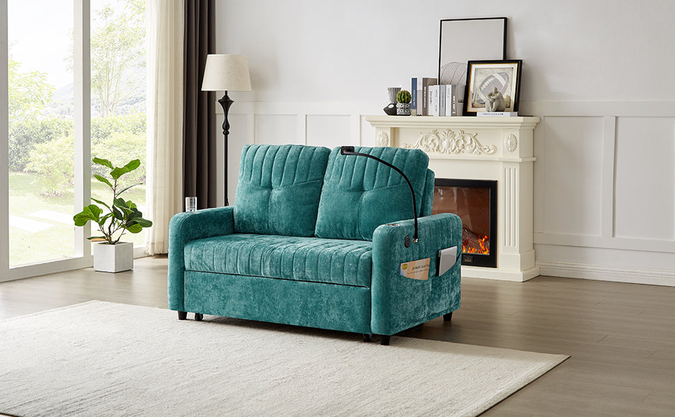 Teal velvet loveseat with tufted cushions and adjustable reading lamp
