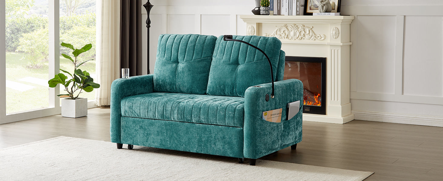 Teal velvet loveseat with tufted cushions and builtin side pocket