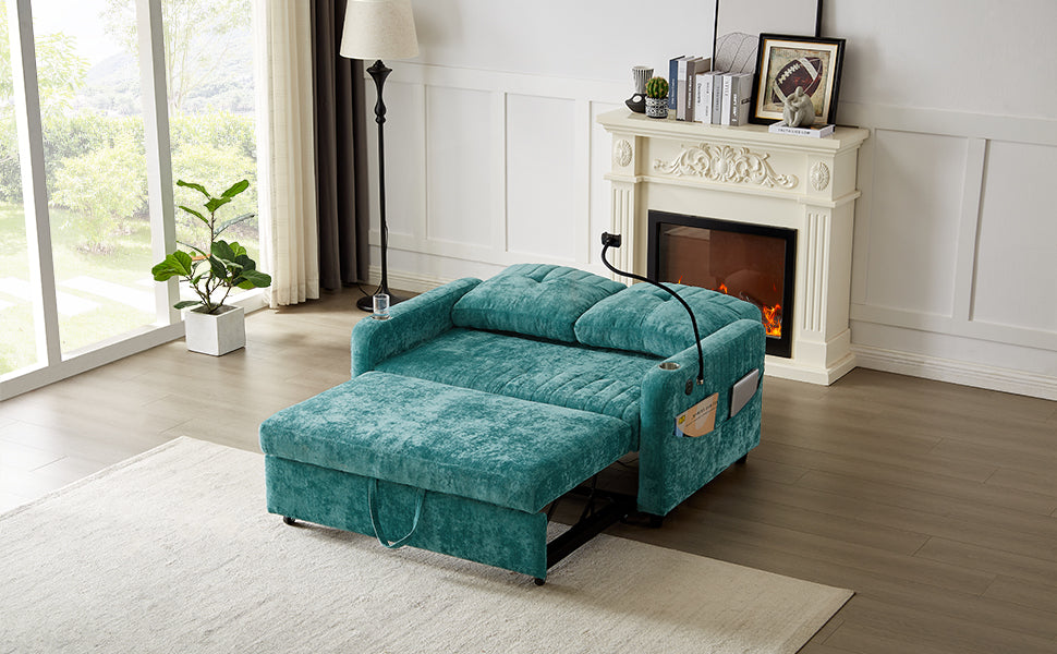 Turquoise velvet convertible sofa bed with ottoman and side pockets