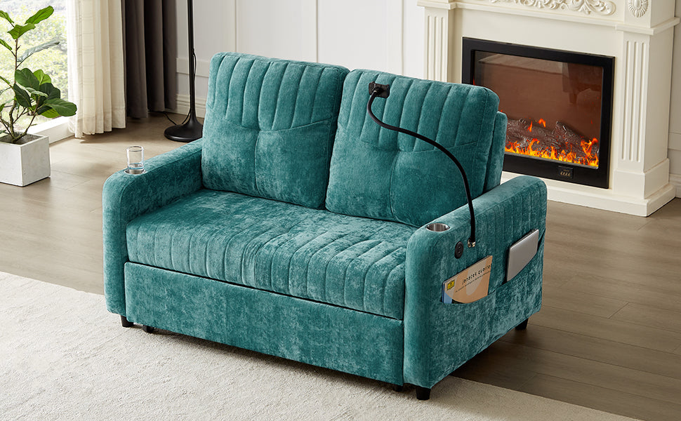 Teal velvet loveseat with integrated cup holders and USB charging port