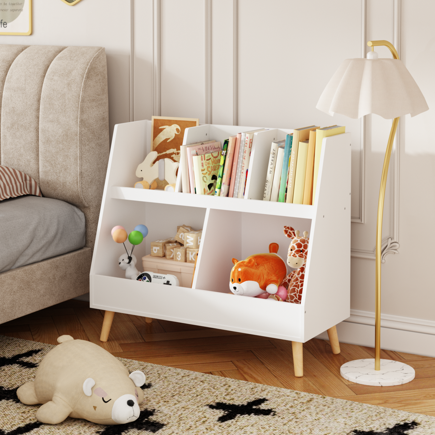 White wooden kids bookshelf with colorful books and toys